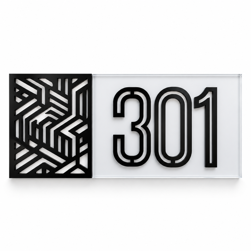 Modern geometric acrylic address sign with black patterned accent panel and raised black number 301 by VEE-R Studio