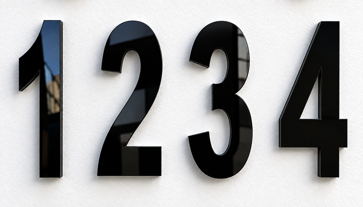Modern tall glossy black acrylic address numbers 1 2 3 4 mounted on a light exterior wall by VEE-R Studio