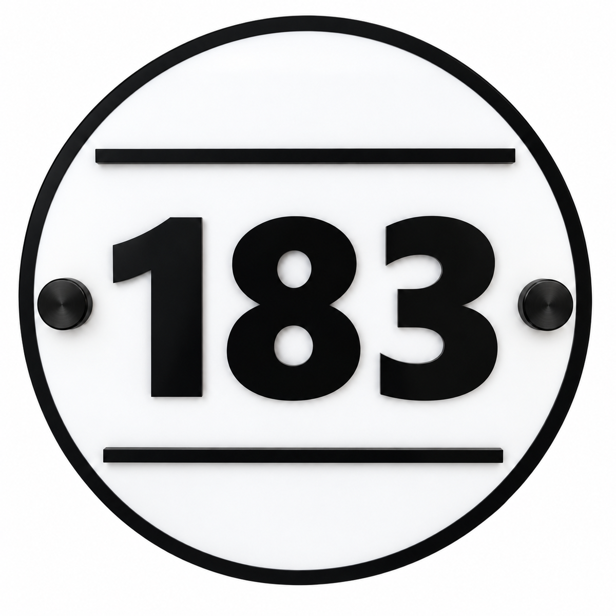 Round modern acrylic address sign with black number 183, black circular frame, and black standoffs by VEE-R Studio