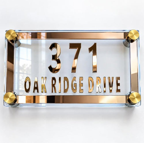 Mirror accent acrylic address sign with raised 371 and street name, shown in rose gold mirror finish with customizable acrylic face color, by VEE-R Studio