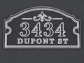 VEE-R Studio clear engraved estate address sign with 3434 Dupont St