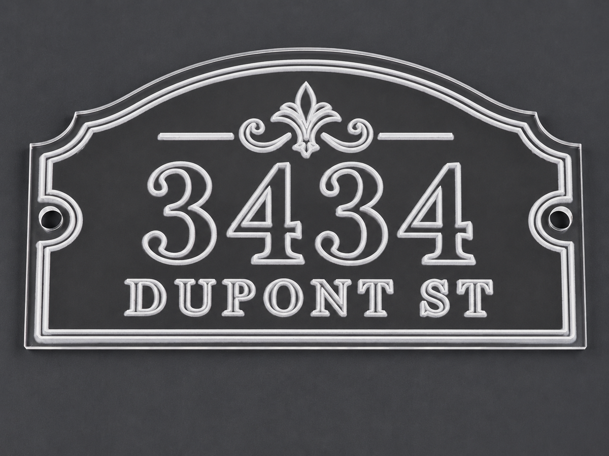 VEE-R Studio clear engraved estate address sign with 3434 Dupont St