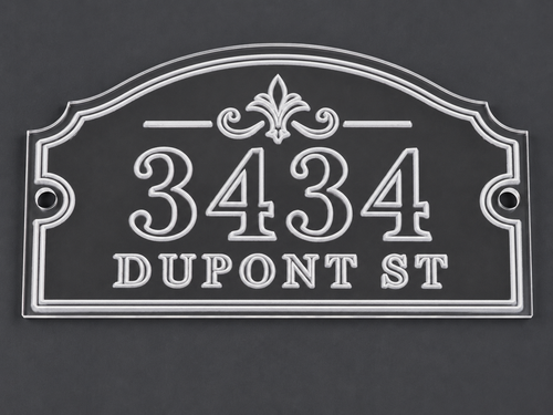 VEE-R Studio clear engraved estate address sign with 3434 Dupont St