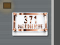 Rose gold mirror accent address sign 371 shown installed on a contemporary home exterior