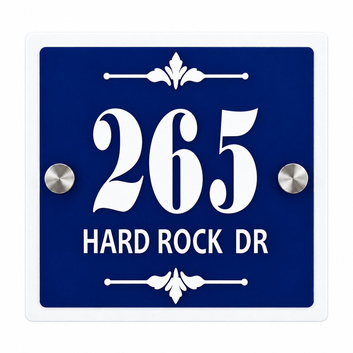 Classic blue and white address sign 265 clean product view