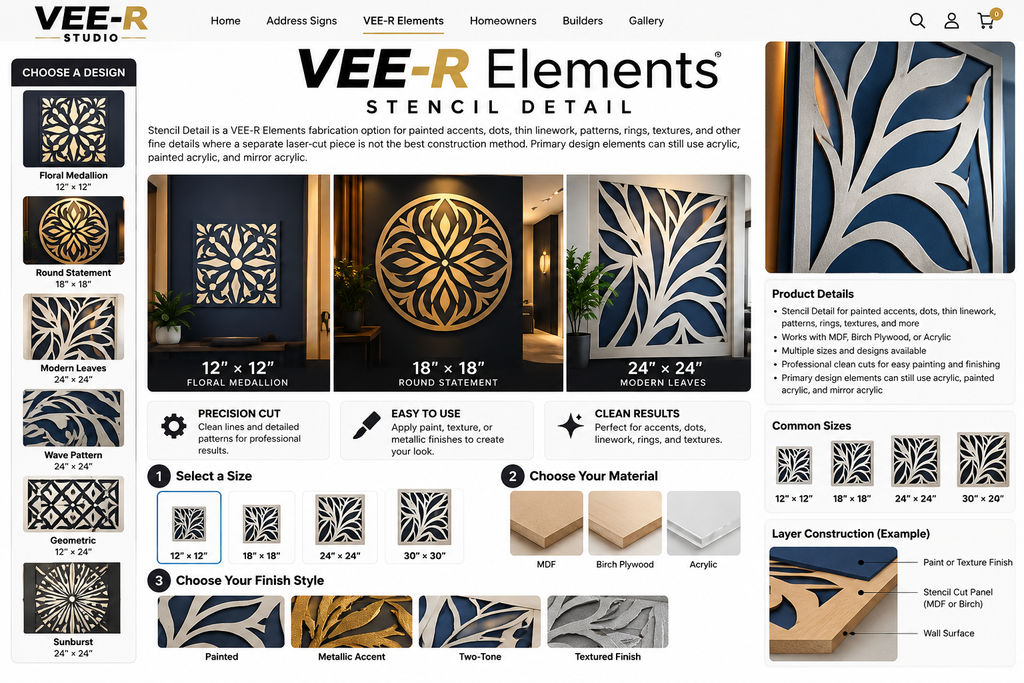 VEE-R Elements Stencil Detail design guide with large readable product images, sizes, materials and finishes