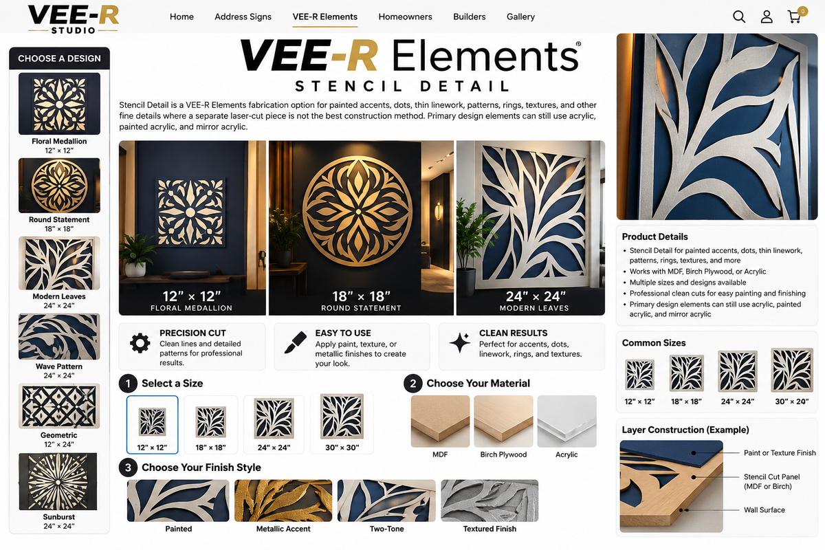 VEE-R Elements Stencil Detail design guide with large readable product images, sizes, materials and finishes