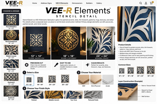 VEE-R Elements Stencil Detail design guide with large readable product images, sizes, materials and finishes
