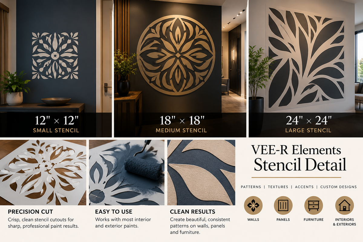 VEE-R Elements Stencil Detail sizes and applications