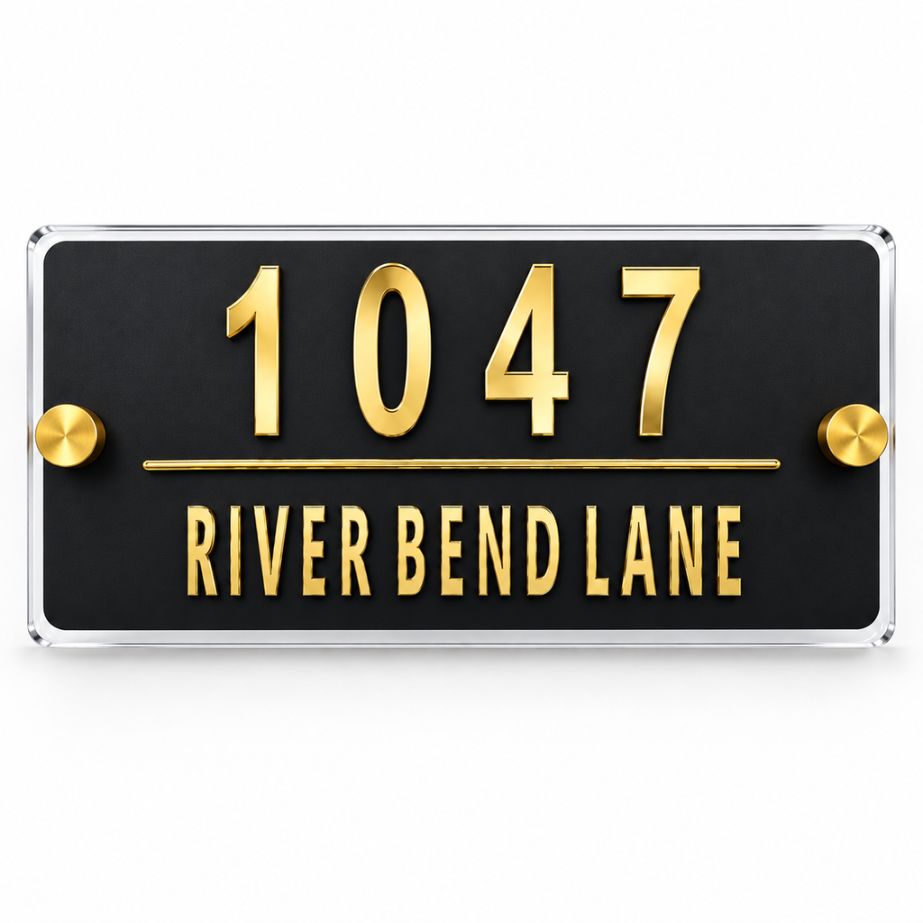 Modern black and gold mirror address sign 1047 clean product view