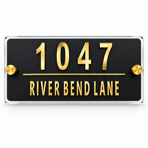Modern black and gold mirror address sign 1047 clean product view