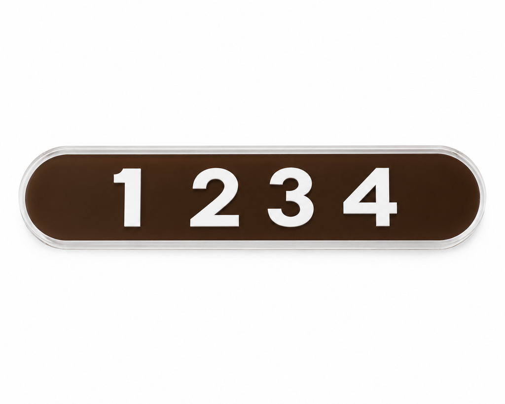 VEE-R Studio Modern Tall Address Sign shown horizontally in brown and clear acrylic