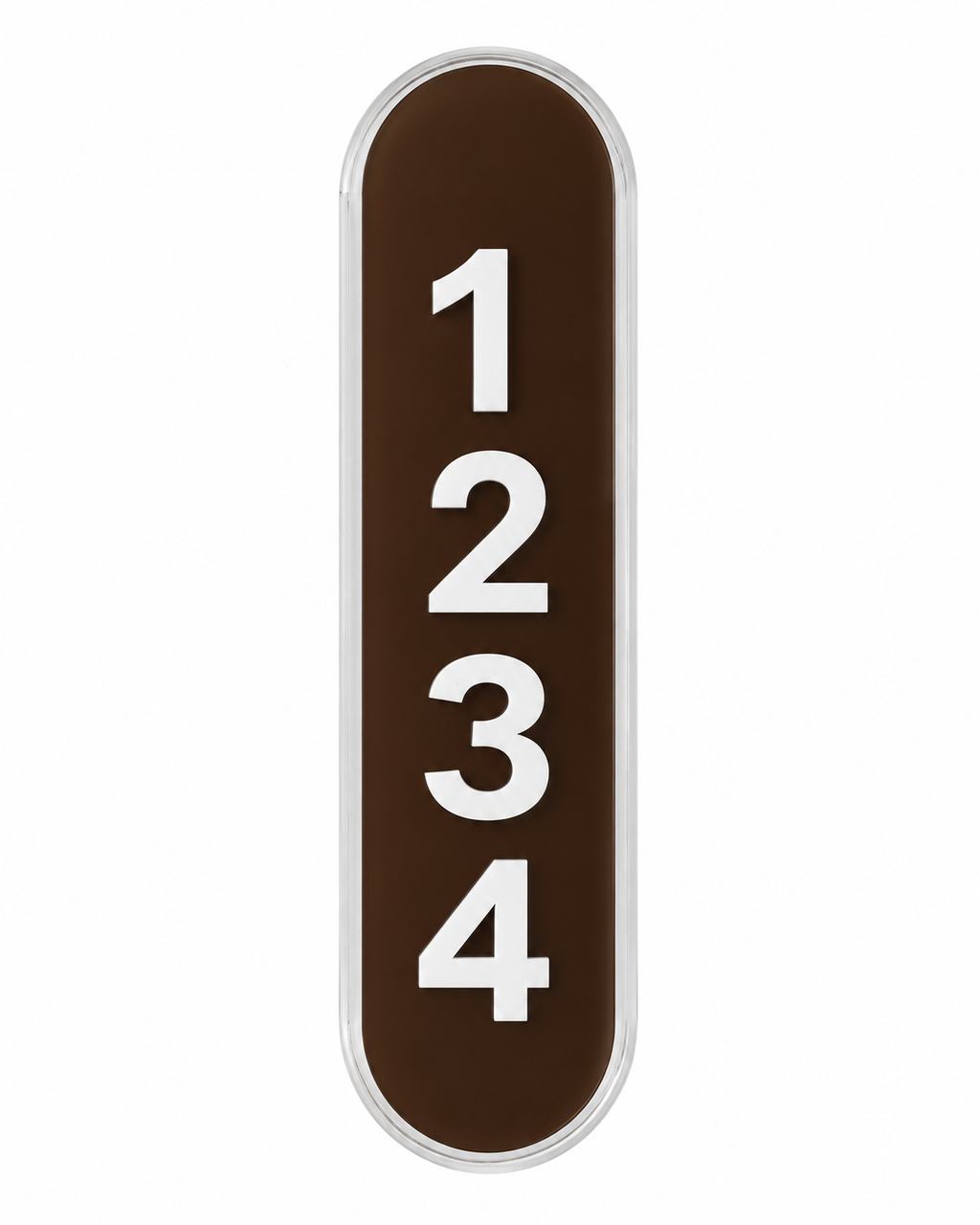 VEE-R Studio Modern Tall Vertical Address Sign in brown and clear acrylic with white house numbers