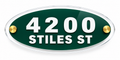 VEE-R Studio Oval Estate Address Sign 4200 Stiles St, horizontal green and white acrylic plaque with gold standoffs