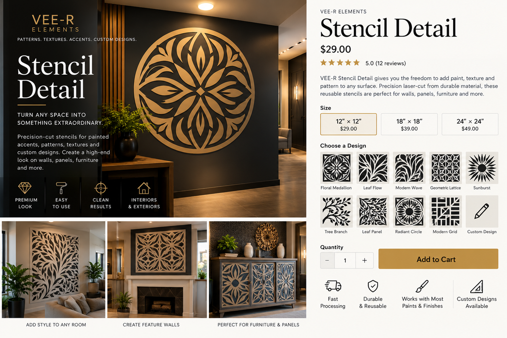 VEE-R Elements Stencil Detail design choices including floral, leaf, geometric and custom patterns