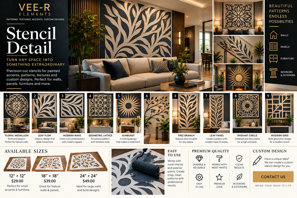VEE-R Elements Stencil Detail catalog showing nine stencil designs, sizes, pricing and applications